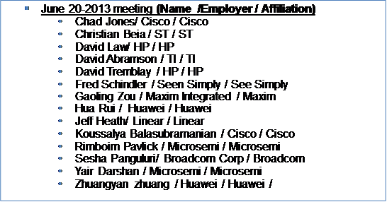 §	June 20-2013 meeting (Name  /Employer / Affiliation)
•	Chad Jones/ Cisco / Cisco
•	Christian Beia / ST / ST
•	David Law/ HP / HP 
•	David Abramson / TI / TI
•	David Tremblay / HP / HP
•	Fred Schindler / Seen Simply / See Simply
•	Gaoling Zou / Maxim Integrated / Maxim
•	Hua Rui /  Huawei / Huawei
•	Jeff Heath/ Linear / Linear
•	Koussalya Balasubramanian / Cisco / Cisco
•	Rimboim Pavlick / Microsemi / Microsemi
•	Sesha Panguluri/ Broadcom Corp / Broadcom
•	Yair Darshan / Microsemi / Microsemi
•	Zhuangyan zhuang / Huawei / Huawei /
