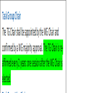 Task Group Chair
The TG Chair shall be appointed by the WG Chair and confirmed by a WG majority approval. The TG Chair is re-affirmed every 2 years: one session after the WG Chair is elected.
Task Group Vice-Chair
TG Vice-Chair is elected by a TG majority approval and confirmed by a WG majority approval.  The TG Vice-Chair is reaffirmed every 2 years; one session after the WG Chair is elected.
Task Group Secretary
The TG Secretary shall be appointed by the TG Chair and confirmed by a TG motion that is approved with a minimum 50% majority. The TG Secretary is re-affirmed every 2 years; one session after the WG Chair is elected. 
