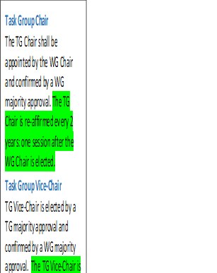 Task Group Chair
The TG Chair shall be appointed by the WG Chair and confirmed by a WG majority approval. The TG Chair is re-affirmed every 2 years: one session after the WG Chair is elected.
Task Group Vice-Chair
TG Vice-Chair is elected by a TG majority approval and confirmed by a WG majority approval.  The TG Vice-Chair is reaffirmed every 2 years; one session after the WG Chair is elected.
Task Group Secretary
The TG Secretary shall be appointed by the TG Chair and confirmed by a TG motion that is approved with a minimum 50% majority. The TG Secretary is re-affirmed every 2 years; one session after the WG Chair is elected. 
