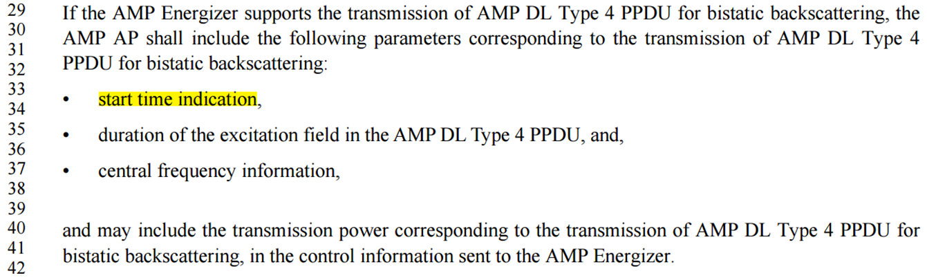 The document describes parameters for transmitting AMP DL Type 4 PPDU for bistatic backscattering, including start time, duration, central frequency, and optional transmission power.

AI-generated content may be incorrect.